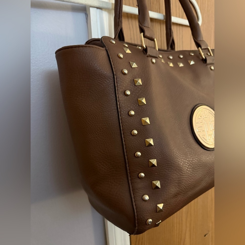 Dasein Coffee Brown Studded Faux Leather Tote - Picture 3 of 7